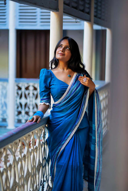 Diamond In The Blue Sea Handwoven Cotton Saree