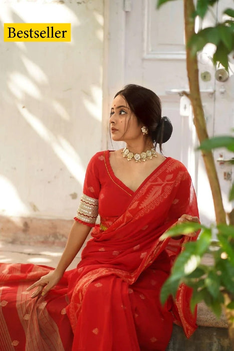 Happiness In Red Handwoven Cotton Saree