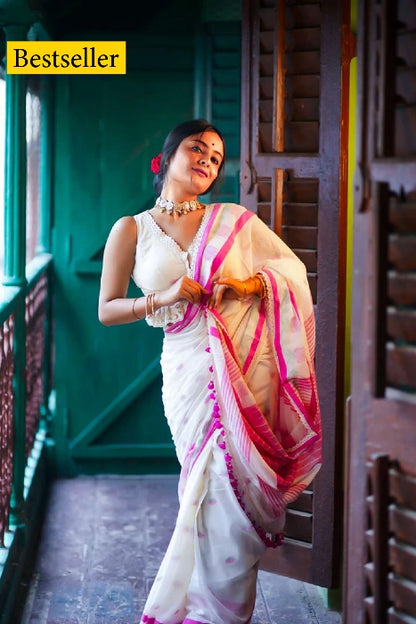 White Cocktail Handwoven Cotton Saree