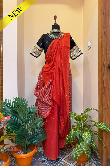 Rust Orange handwoven Jamdani Saree