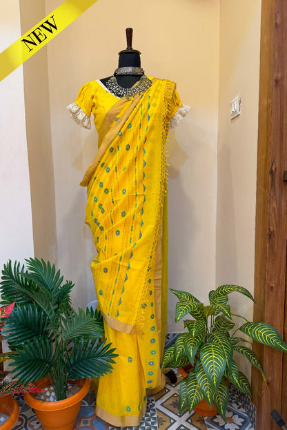 Yellow Dailylily Handwoven Jamdani Cotton Saree