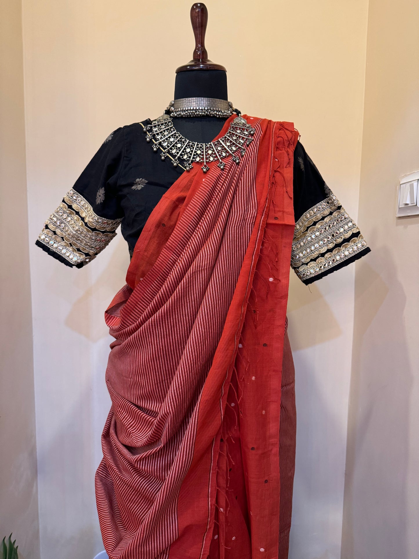 Rust Orange handwoven Jamdani Saree