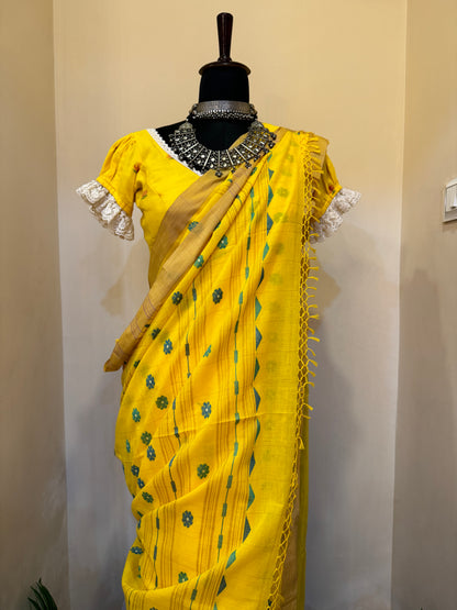 Yellow Dailylily Handwoven Jamdani Cotton Saree