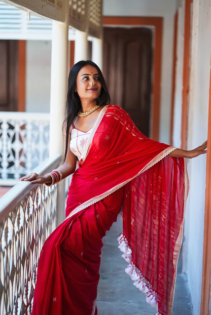 The Classy Red Handwoven Jamdani Saree