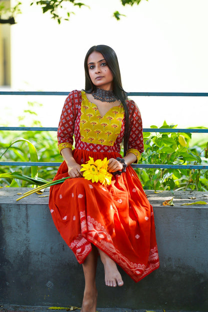 Sunflower In Rust Pond Cotton Dress