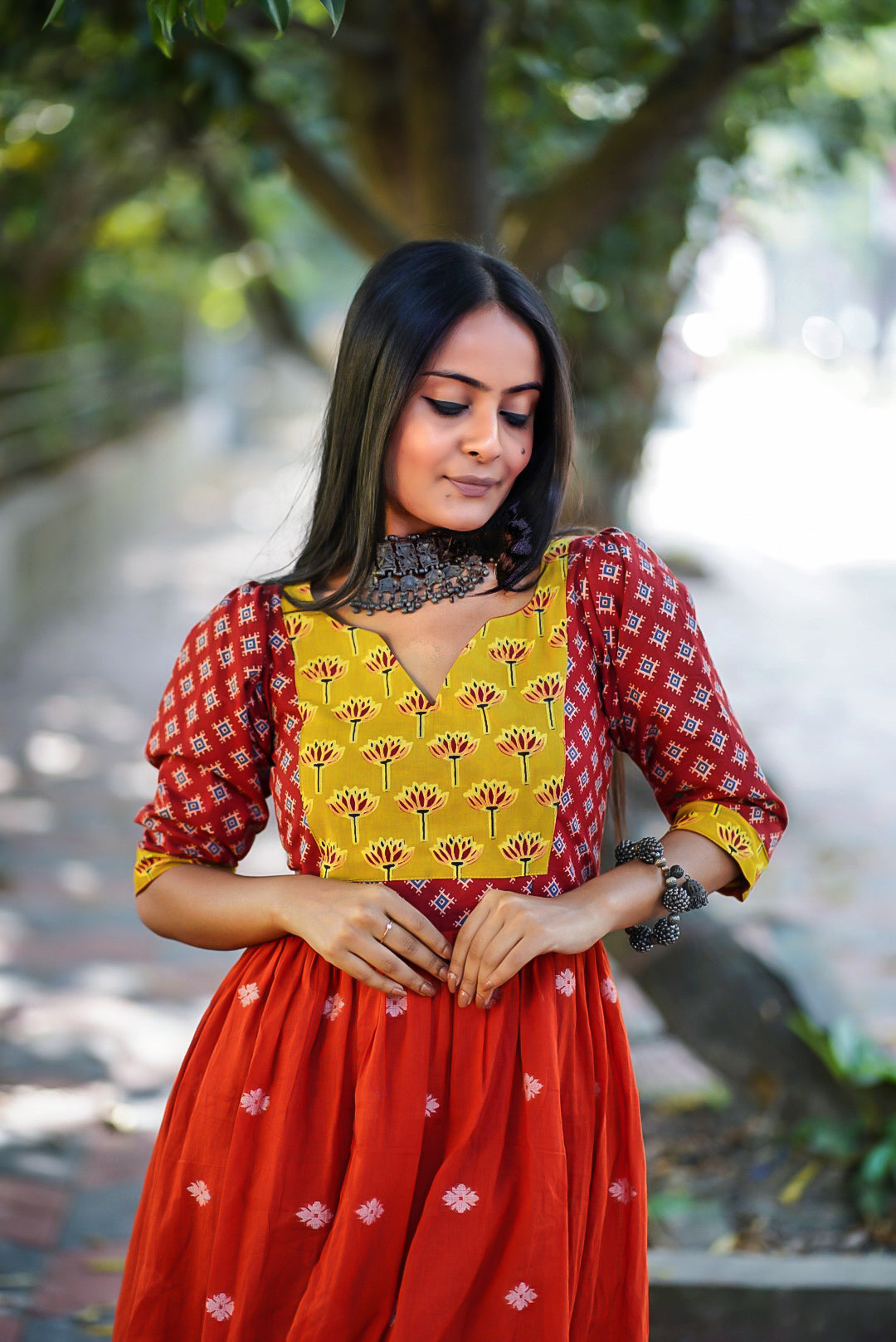 Sunflower In Rust Pond Cotton Dress