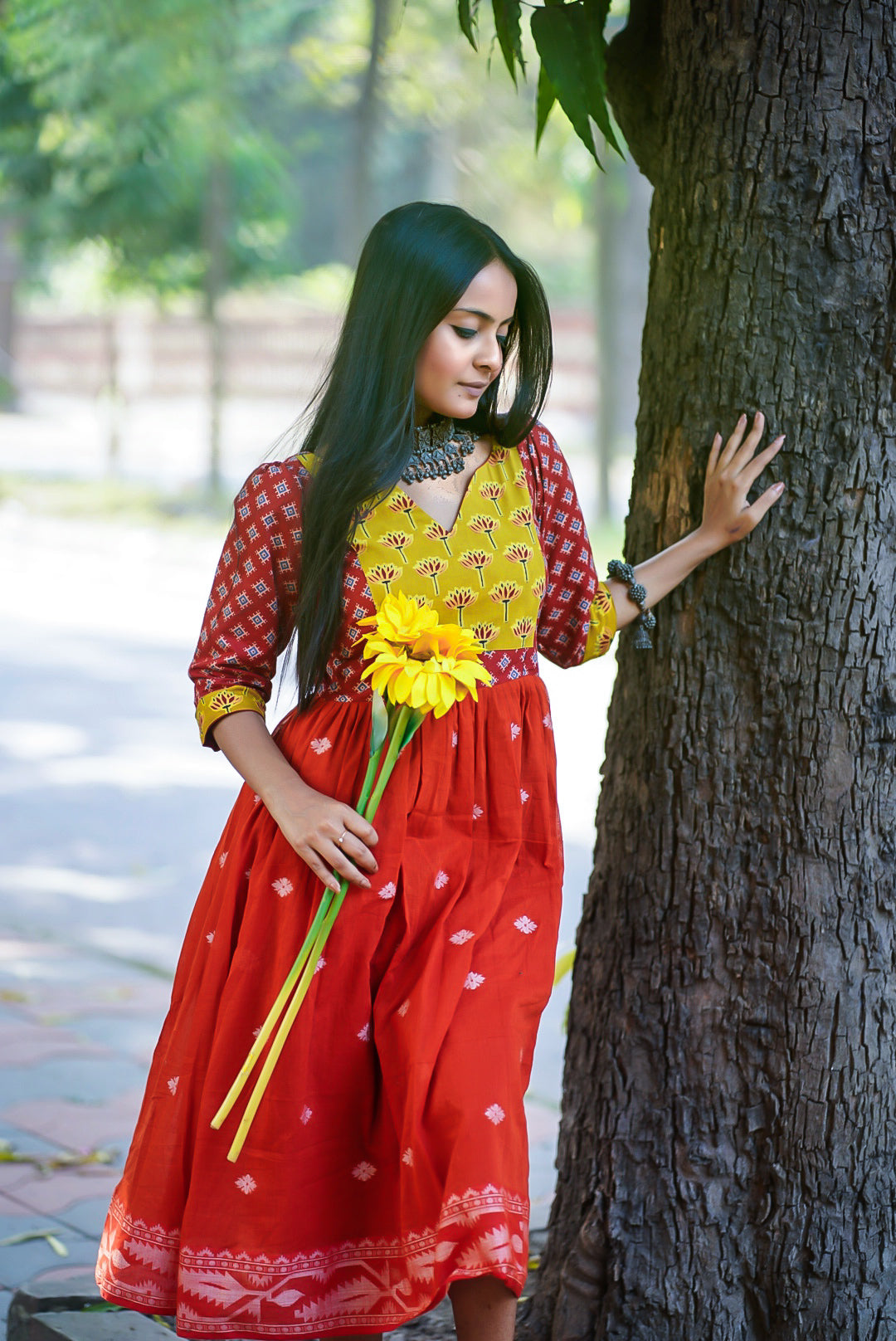 Sunflower In Rust Pond Cotton Dress