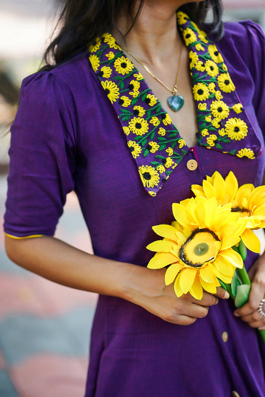 Sunflower In Purple Pond Collared Dress
