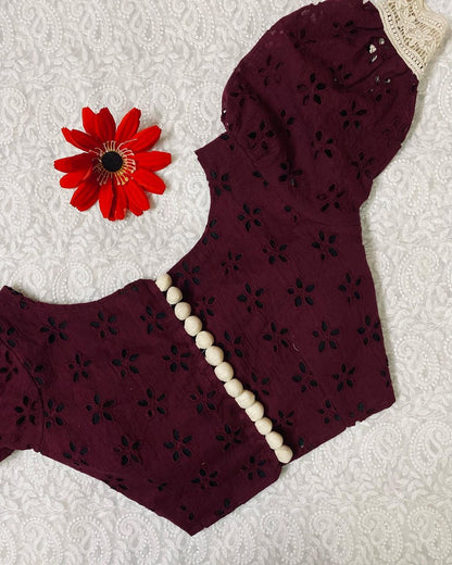 Maroon Tulip Hakoba Puff Sleeves Blouse