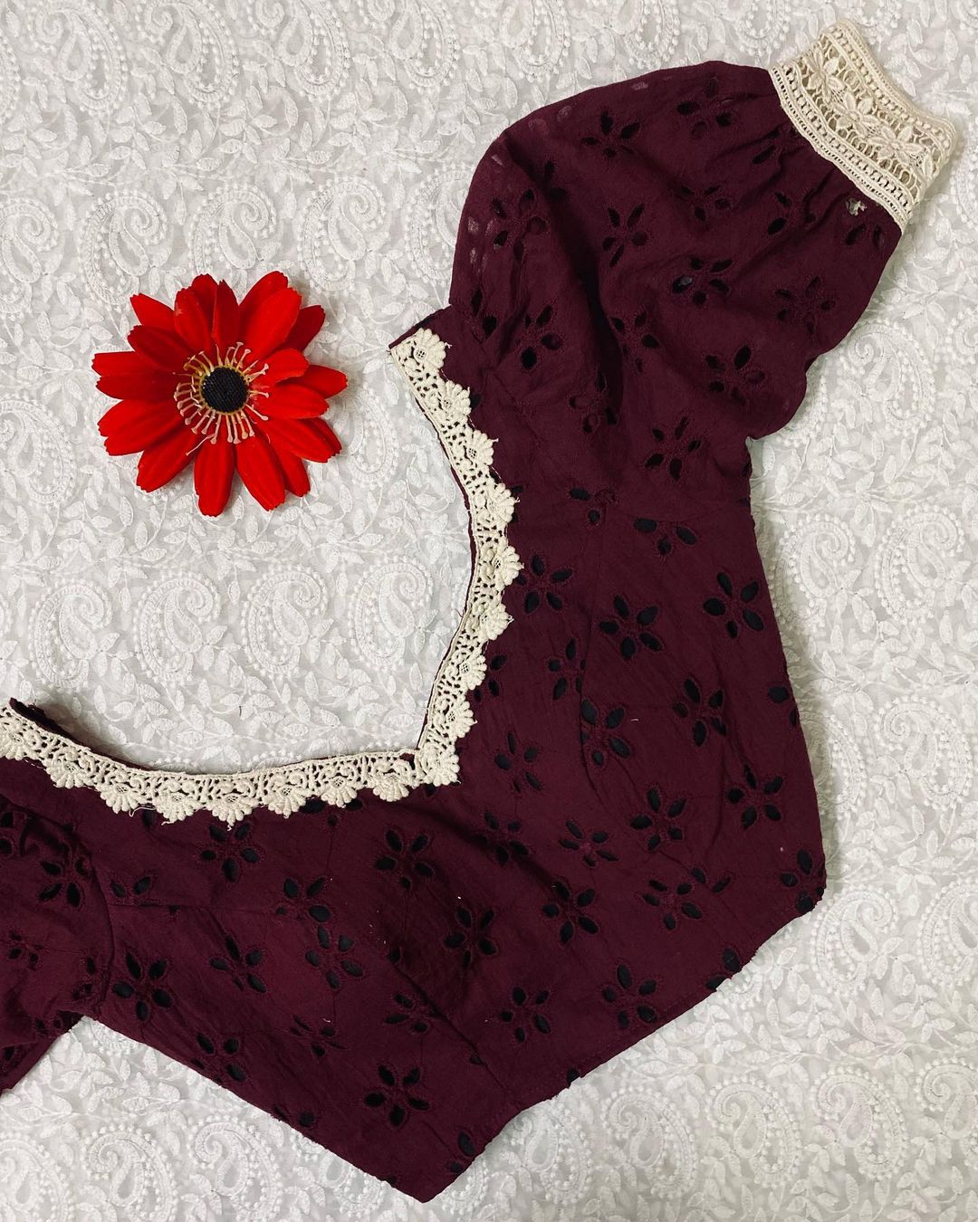 Maroon Tulip Hakoba Puff Sleeves Blouse