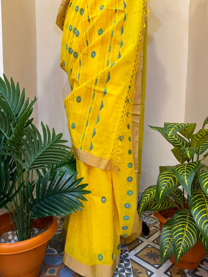 Yellow Dailylily Handwoven Jamdani Cotton Saree