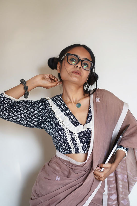 Black Bougainville Block Print Cotton Blouse