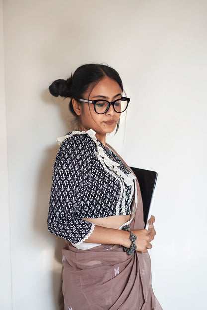 Black Bougainville Block Print Cotton Blouse