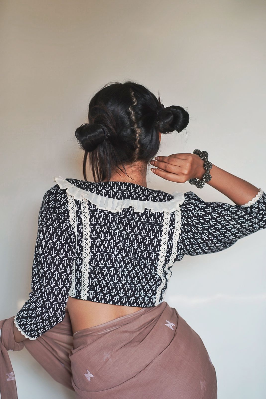 Black Bougainville Block Print Cotton Blouse