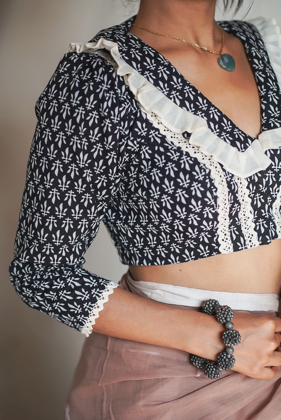 Black Bougainville Block Print Cotton Blouse